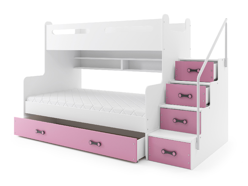 Patrová postel 120 x 200 cm Moxxo 3 (bílá + růžová) (s rošty, matracemi a úl. prostorem)