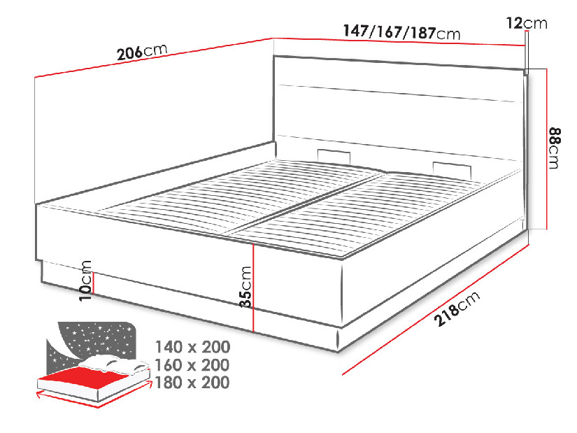 Manželská postel 180 cm Porta PT-02 (s roštem a úložným prostorem) *výprodej