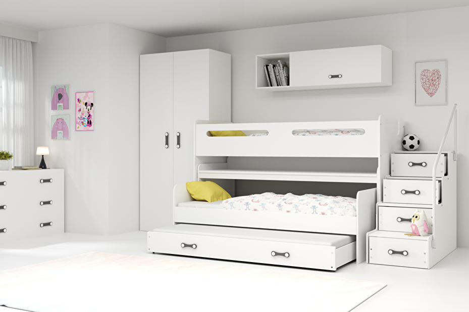 Patrová postel 80 x 200 cm Moxxo 1 (bílá + bílá) (s rošty, matracemi a úl. prostorem)
