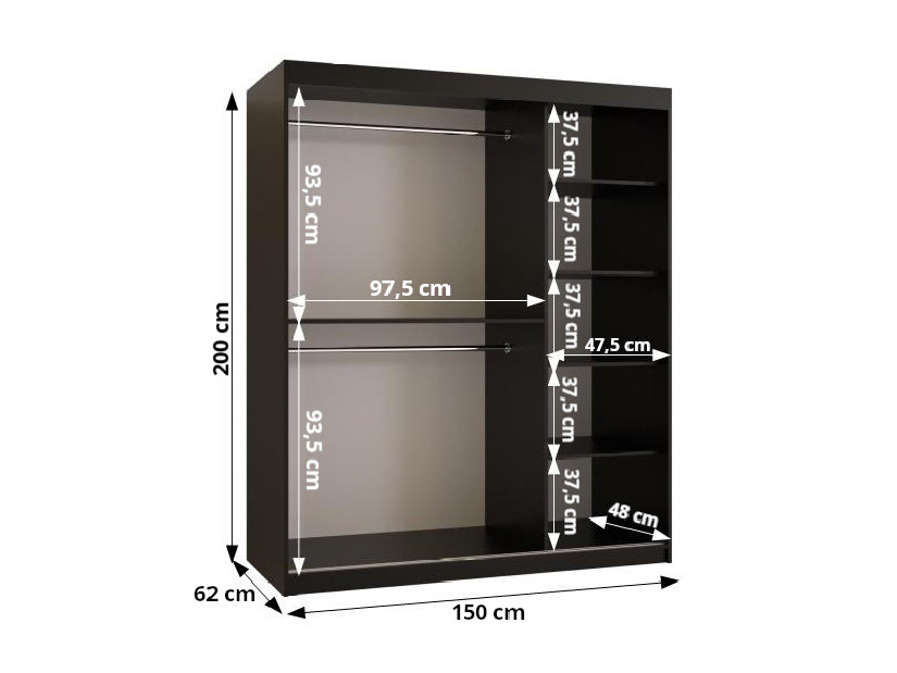Šatní skříň Riven 2 150 (černá matná + bílá matná) (se zrcadlem)