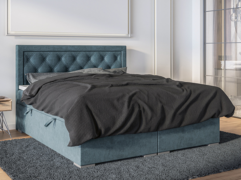Kontinentální postel 140 cm Maximilian (džínová modrá) (s matrací a úl. prostorem)