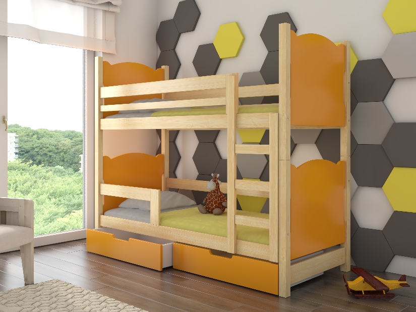 Patrová dětská postel 180x75 cm Marryann (s roštem a matrací) (borovice + oranžová)