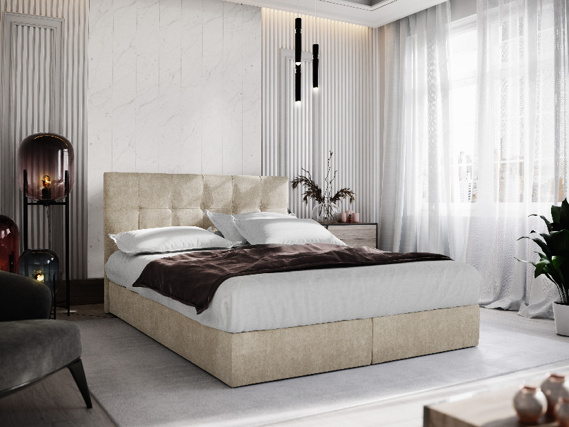 Manželská postel Boxspring 160 cm Porto (béžová) (s matrací a úložným prostorem)