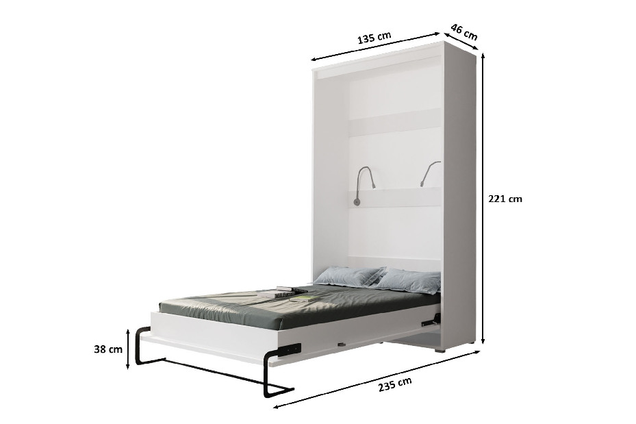 Sklapovací postel 120 Homer (bílá matná + lesklá šedá) (vertikální) (s osvětlením)