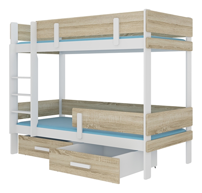 Patrová dětská postel 200x90 cm Ellen (s roštem a matrací) (bílá + dub sonoma)