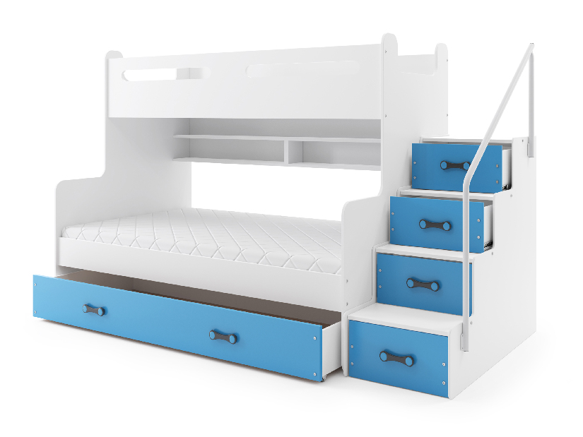 Patrová postel 120 x 200 cm Moxxo 3 (bílá + modrá) (s rošty, matracemi a úl. prostorem)
