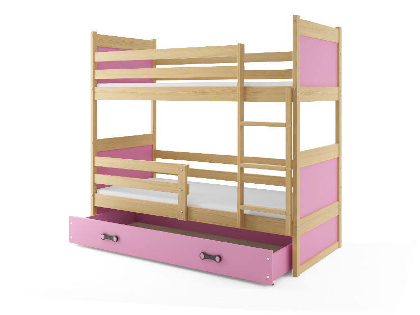 Patrová postel 90 x 200 cm Ronnie B (borovice + růžová) (s rošty, matracemi a úl. prostorem)