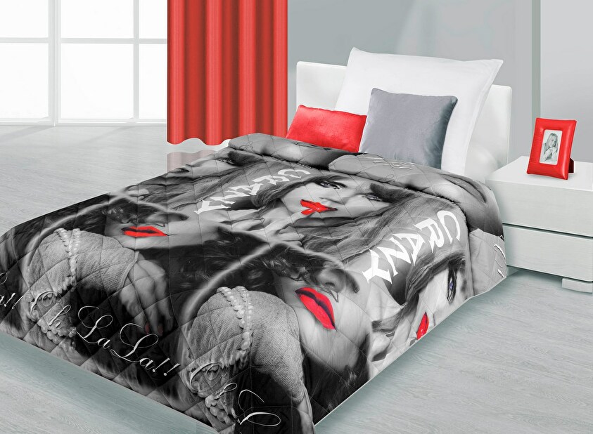 Přehoz na postel 210x170cm Kiss (šedá + červená)