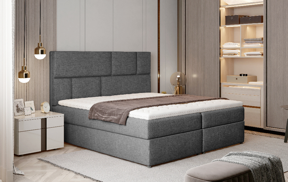 Manželská postel Boxspring 160 cm Florio (šedá) (s matracemi a úl. prostorem)