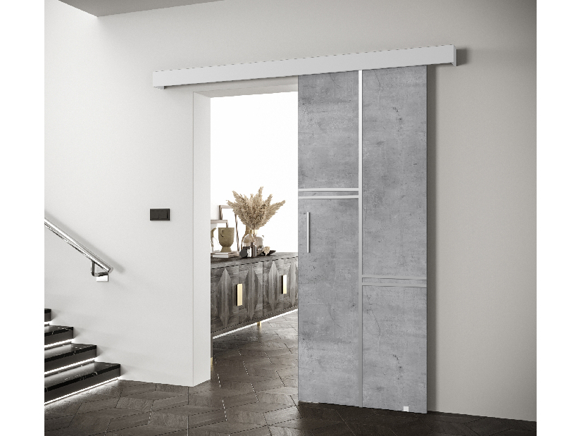 Posuvné dveře 90 cm Sharlene VIII (beton + bílá matná + stříbrná)