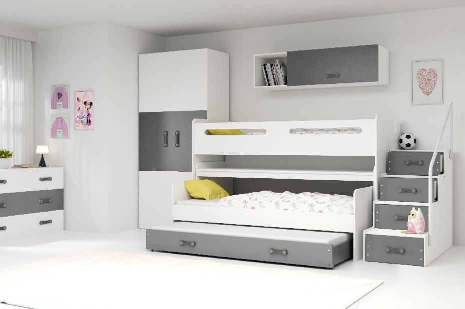 Patrová postel 80 x 200 cm Moxxo 1 (bílá + grafit) (s rošty, matracemi a úl. prostorem)