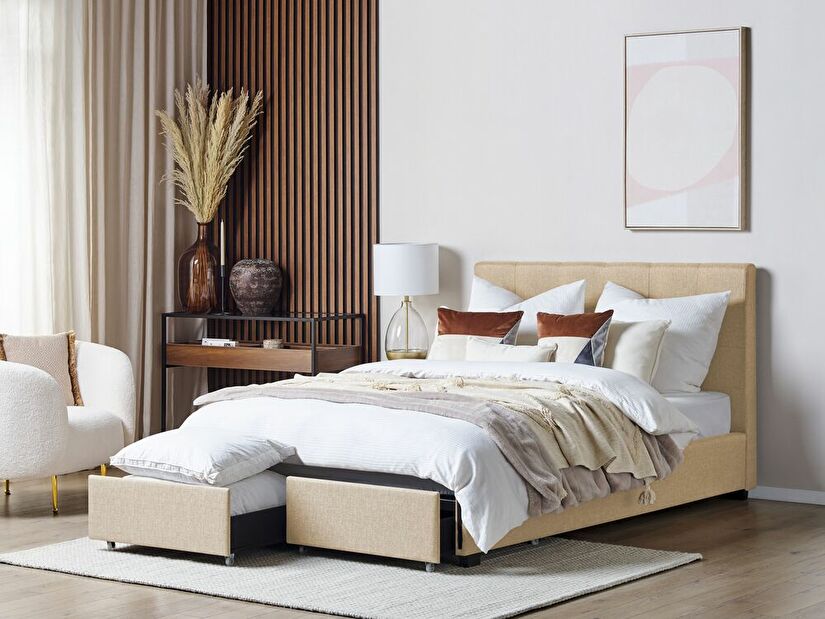 Manželská postel 140 cm Rhiannon (béžová) (s roštem a úložným prostorem)
