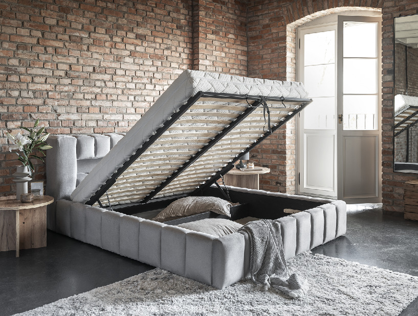 Manželská postel 140 cm Luxa (šedá) (s roštem, úl. prostorem a LED)
