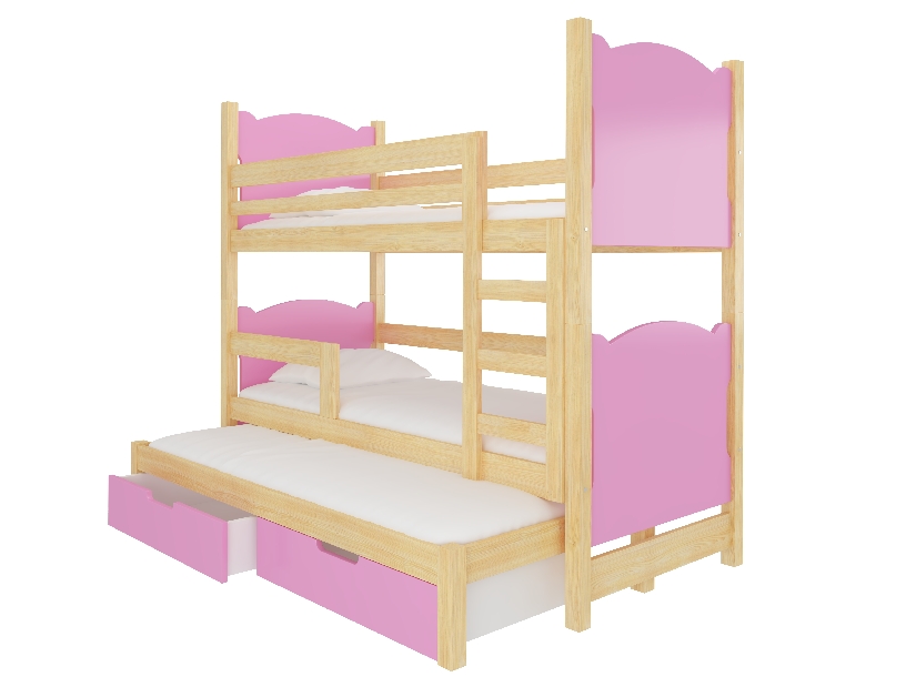 Patrová dětská postel 180x75 cm Lukrece (s roštem a matrací) (borovice + růžová)