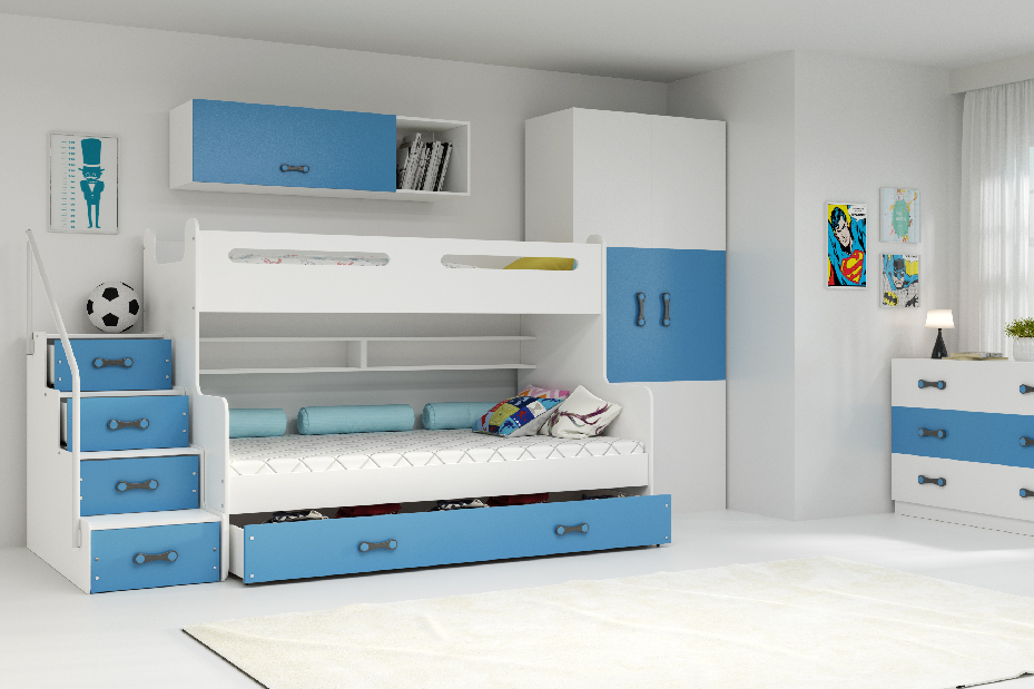 Patrová postel 120 x 200 cm Moxxo 3 (bílá + modrá) (s rošty, matracemi a úl. prostorem)