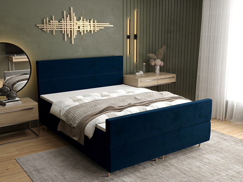 Manželská postel Boxspring 160 cm Flu plus (tmavě modrá) (s matrací a úložným prostorem)