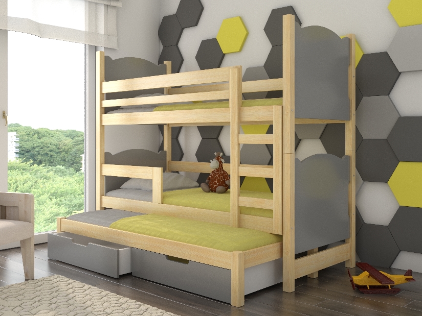 Patrová dětská postel 180x75 cm Lukrece (s roštem a matrací) (borovice + šedá)