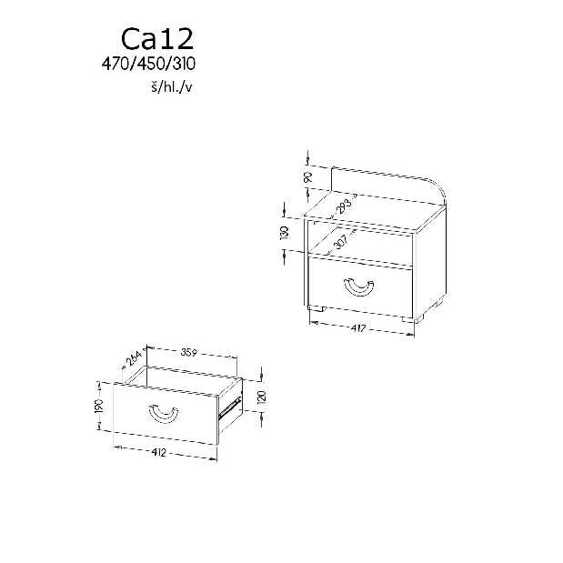 Noční stolek typ CA12 Caryl (světlý grafit + lesklá bílá + dub nash)
