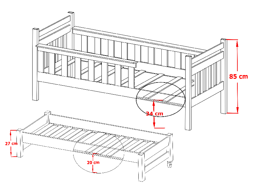 Dětská postel 90 cm DORIA (s roštem a úl. prostorem) (borovice)