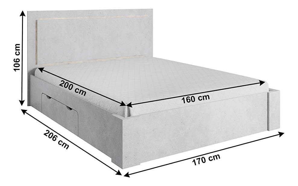 Manželská postel 160 cm Atalen (šedý beton) (s úl. prostorem)