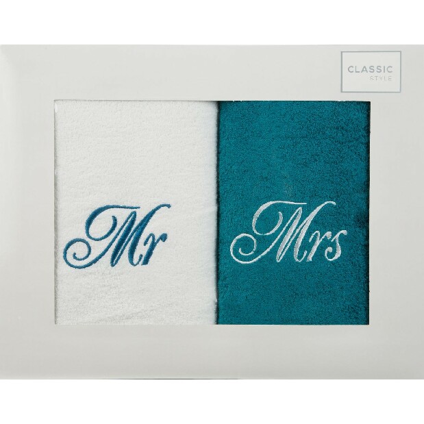 Sada ručníků 50x90 cm Mr Mrs (bílá + modrá)