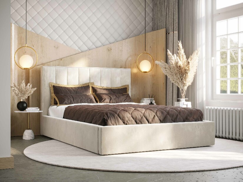 Manželská postel 140 cm Ocie (béžová) (s roštem a úložným prostorem)