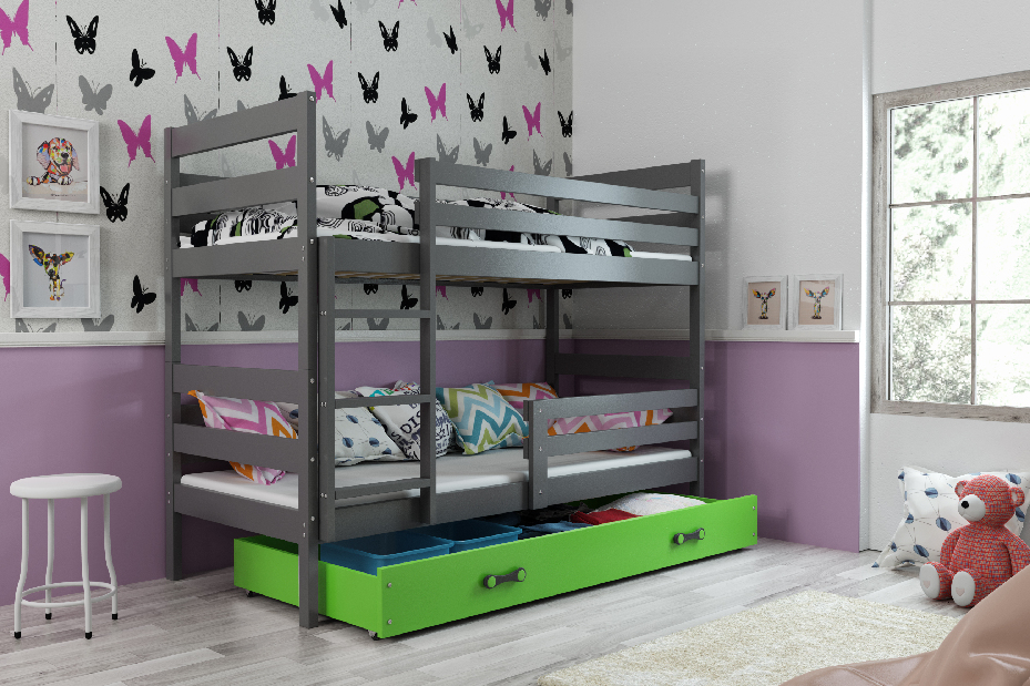 Patrová postel 80 x 190 cm Eril B (grafit + zelená) (s rošty, matracemi a úl. prostorem)