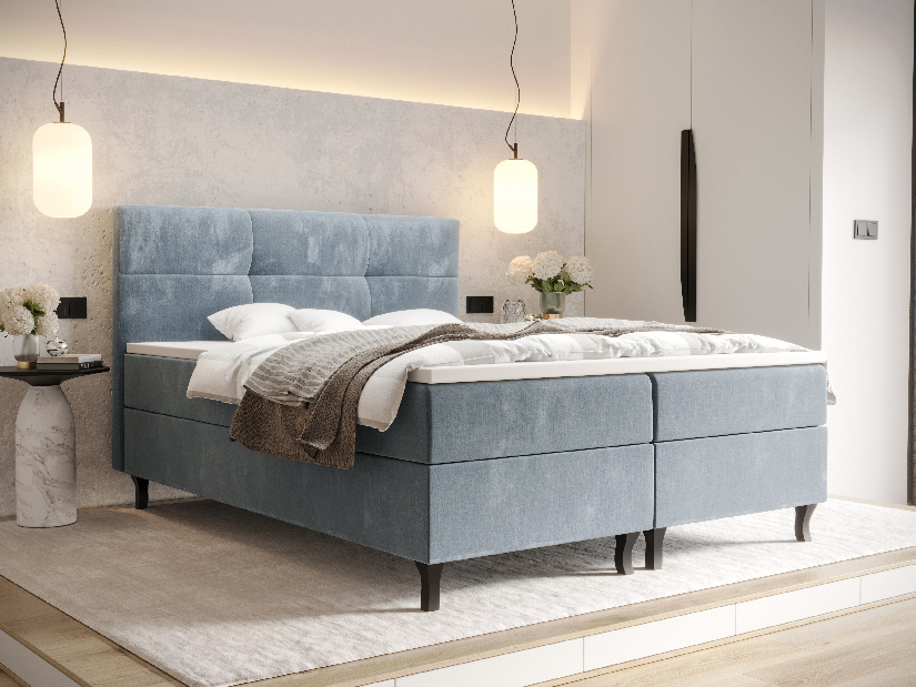 Manželská postel Boxspring 160 cm Lumba Comfort (světlomodrá) (s matrací a úložným prostorem)