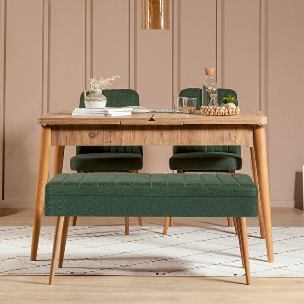 Rozkládací jídelní stůl se 2 židlemi a lavicí Vlasta (borovice antlantic + zelená)