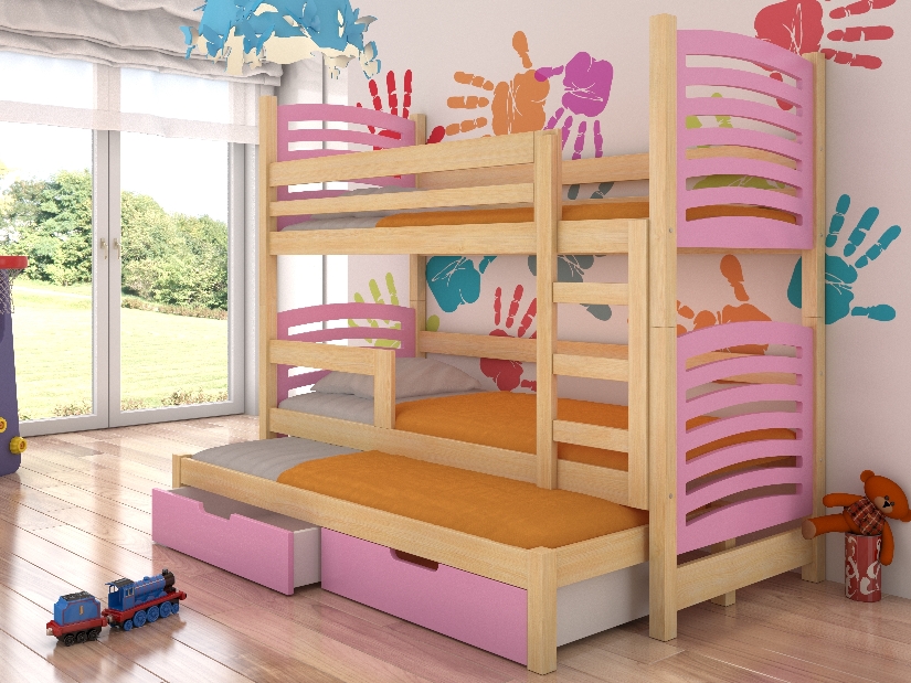 Patrová dětská postel 180x75 cm Stanislava (s roštem a matrací) (borovice + růžová)