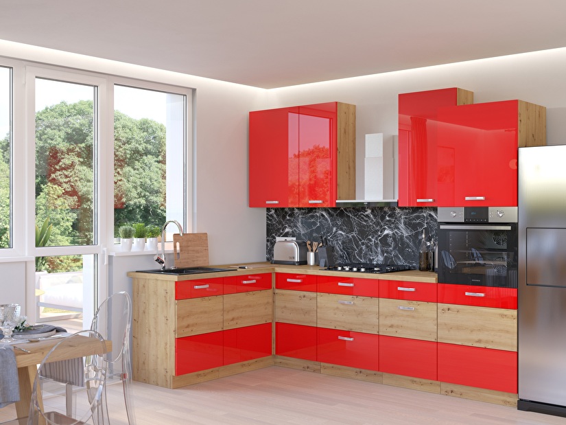 Rohová kuchyně Arryn 275 + 170 cm (dub artisan + červená)