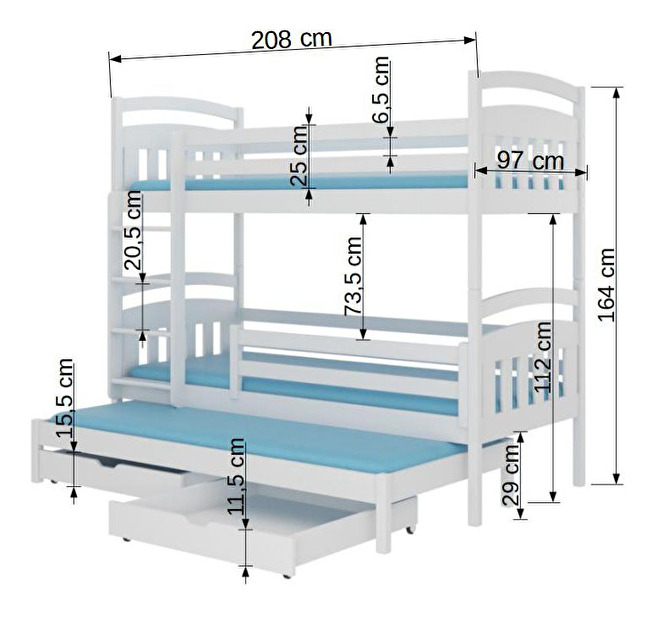 Patrová dětská postel 200x90 cm Aladar (s roštem) (bílá)