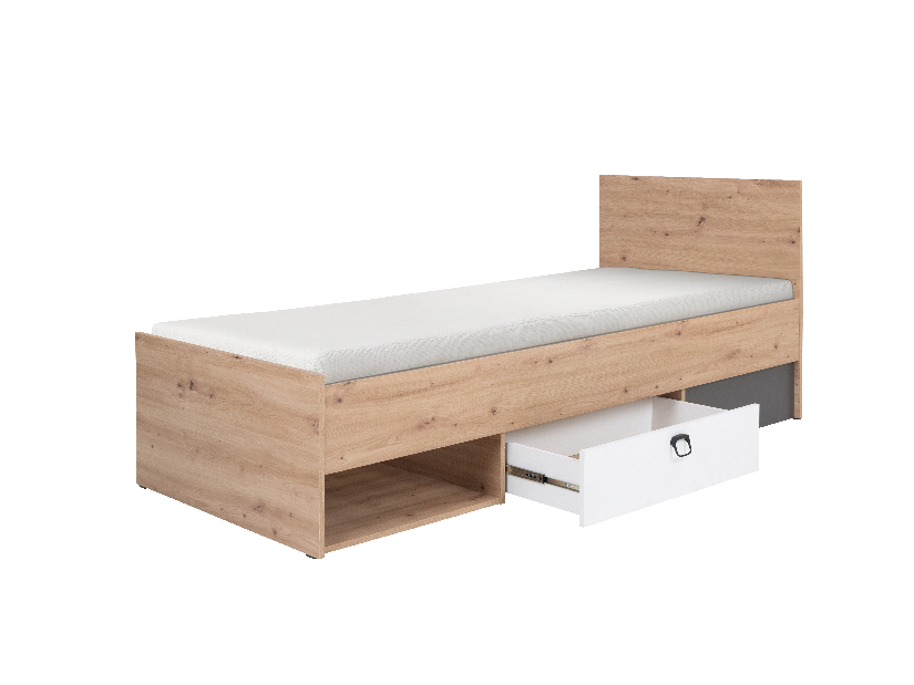 Jednolůžková postel 90x200 cm Kevyt 11 (dub artisan + bílá + grafit) (s roštem a matrací)