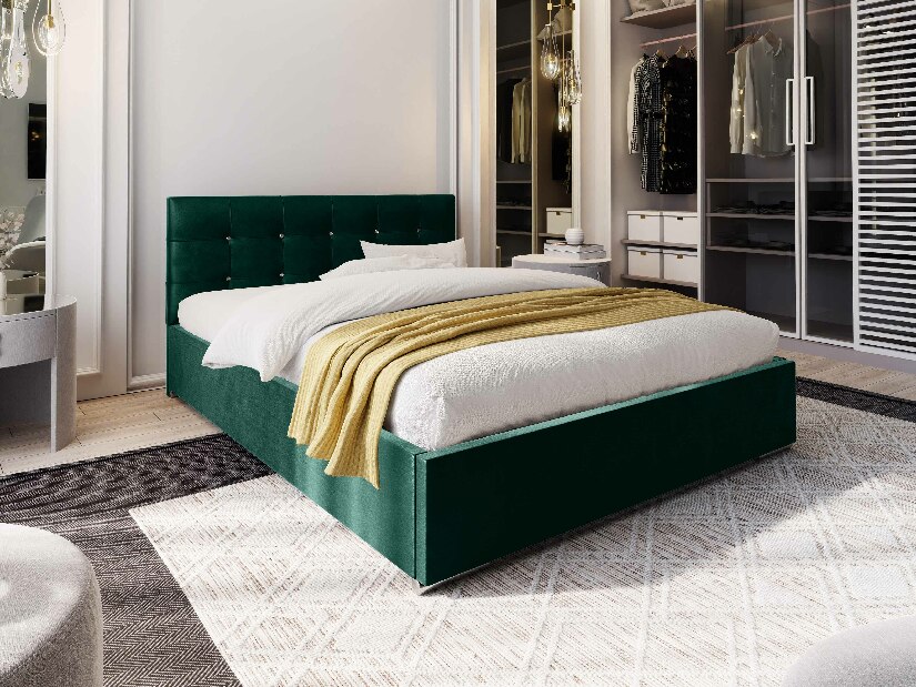 Manželská postel 140 cm Lonnie (tmavě zelená) (s roštem a úložným prostorem)