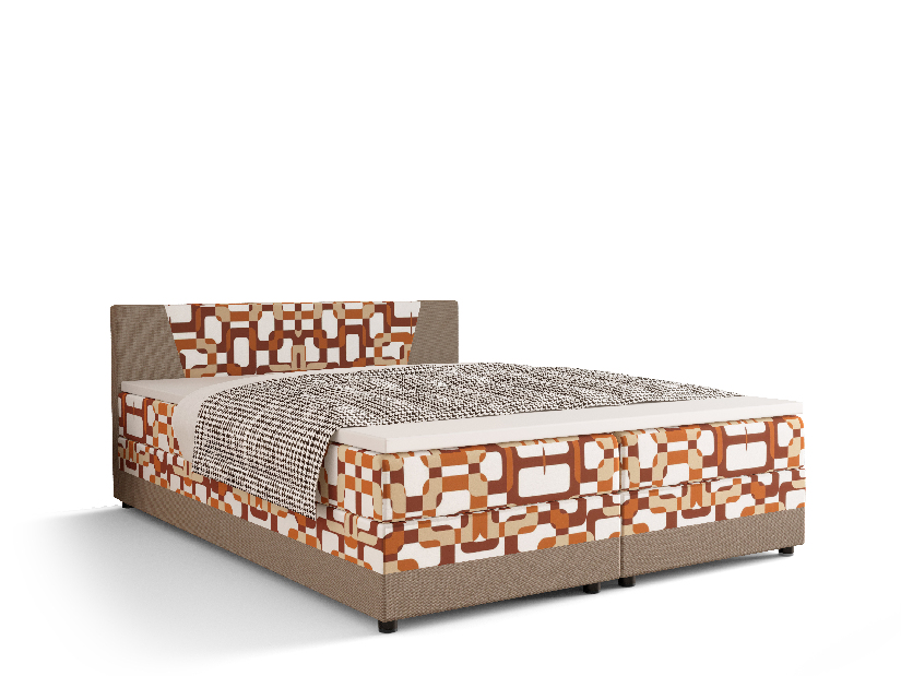 Manželská postel Boxspring 160 cm Linda (vzor + světle hnědá) (s matrací a úložným prostorem)