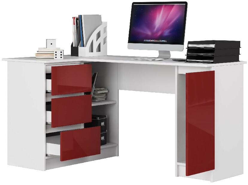 Rohový PC stolek Bevin (červený lesk) (L)