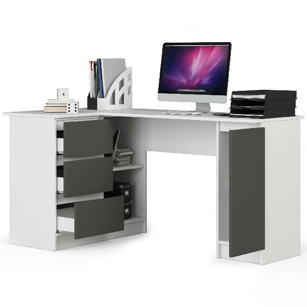 Rohový PC stolek Bevin (bílá + šedá) (L)