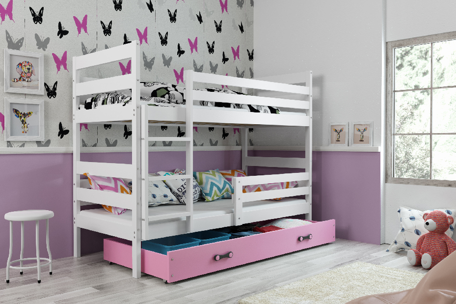 Patrová postel 80 x 190 cm Eril B (bílá + růžová) (s rošty, matracemi a úl. prostorem)