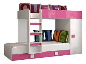 Dětská kombinovaná postel 90 cm Toreno 2 (bílá + bílý lesk + růžový lesk)