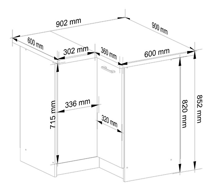 Rohová dolní kuchyňská skříňka Ozara S90 90 (bílá + černý lesk)
