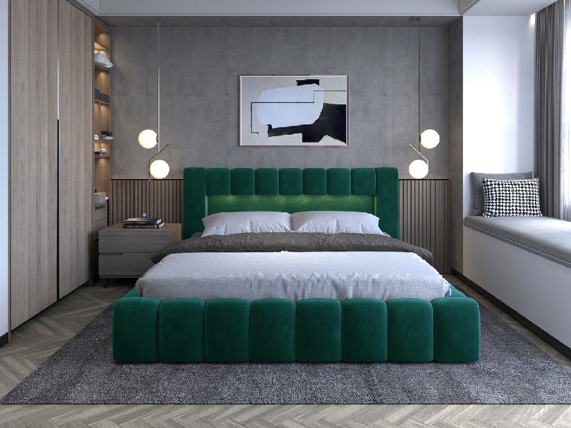 Manželská postel 180 cm Luxa (šedá) (s roštem, úl. prostorem a LED)