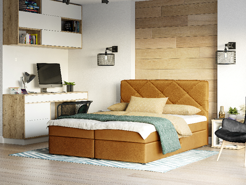 Kontinentální postel 140x200 cm Karum Comfort (hořčicová) (s roštem a matrací)