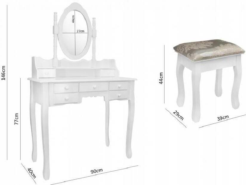Toaletní stolek s taburetkou Pompadour (bílá)