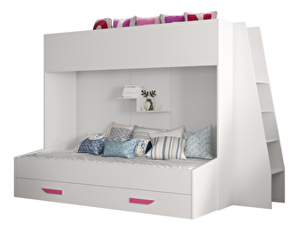 Dětská kombinovaná postel 90 cm Puro 17 (matná bílá + bílý lesk + růžové úchytky)