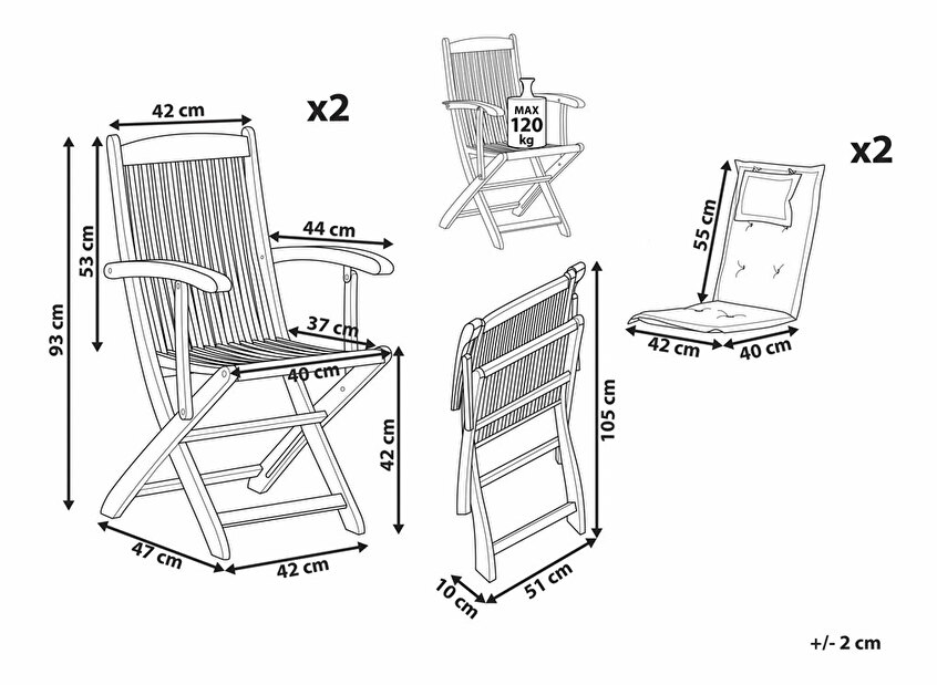 Set 2 ks. zahradních židlí Mali (světlé dřevo) (s polštáři)