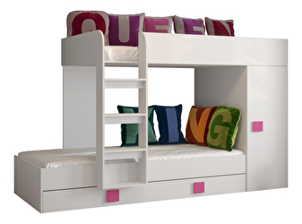 Dětská kombinovaná postel 90 cm Toreno 2 (bílá + bílý lesk + růžová lesklá madla)