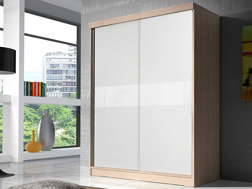 Šatní skříň Balor (dub sonoma + bílá + bílé sklo)