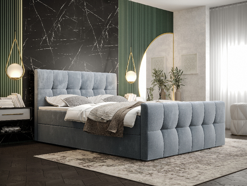 Manželská postel Boxspring 160 cm Macheta Comfort (světlomodrá) (s matrací a úložným prostorem)