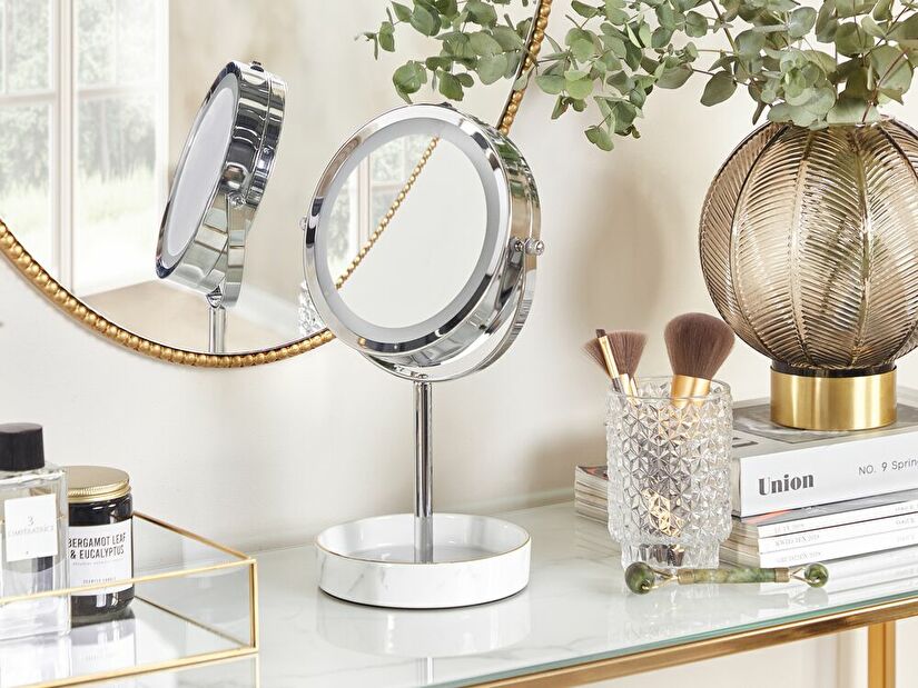 Kosmetické zrcadlo Shevaun (stříbrná + bílá) (s LED osvětlením)
