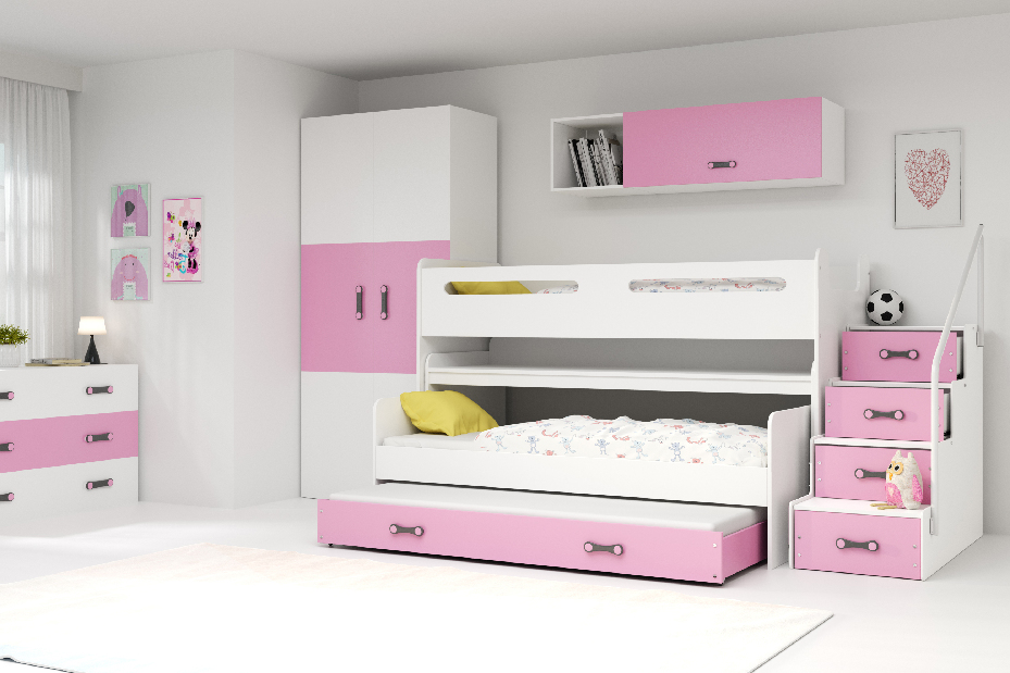 Patrová postel 80 x 200 cm Moxxo 1 (bílá + růžová) (s rošty, matracemi a úl. prostorem)